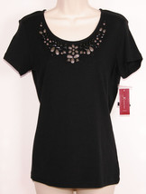 JM Collection Womens Knit Shirt Small S Beaded Black Short Sleeve Studde... - $21.36