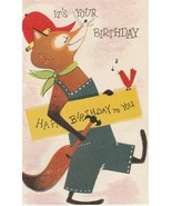 Vintage Birthday Card Fox in Overalls Builder Forget Me Not - £7.88 GBP