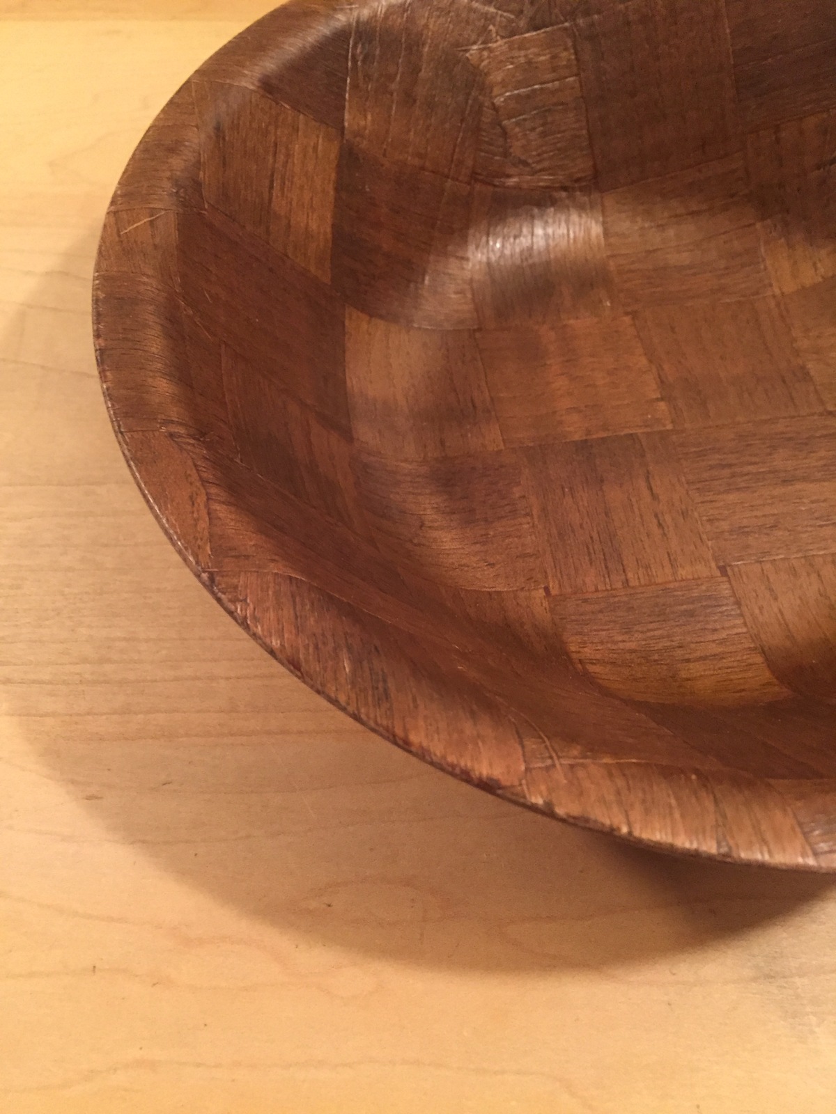 Primary image for Vintage 70s Large Woven Wood Dark Wood Parquet Salad Bowl- 9"