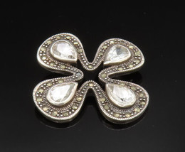 925 Silver - Vintage Cubic Zirconia &amp; Marcasite Flower Pendant - PT20718 - £54.56 GBP
