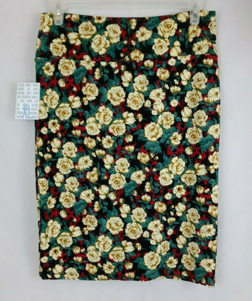 NWT LuLaRoe Cassie Pencil Skirt Black With Roses Design Size XL - $15.83