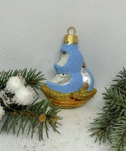 Ship blue and gold glass Christmas handmade ornament, Christmas glass decoration - £11.39 GBP