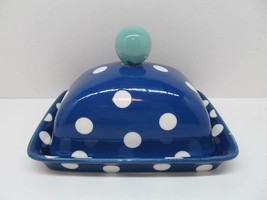Anthropologie Molly Hatch Blue &amp; White Polka Dot Covered Butter Dish - £23.18 GBP