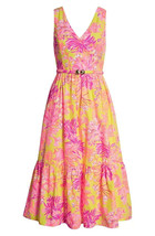 NWT Lilly Pulitzer Bri in Calla Yellow Floral Coral V-neck Cotton Midi Dress 16 - £95.14 GBP