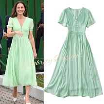 Kate Middleton Inspired V-Neck Pleated Chiffon Fit-and-Flare Midi Dress in Mint - £112.63 GBP