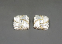 Laton Mexico 925 Sterling Clip On 2-Tone Earrings Ribbed Braided Square - £39.95 GBP
