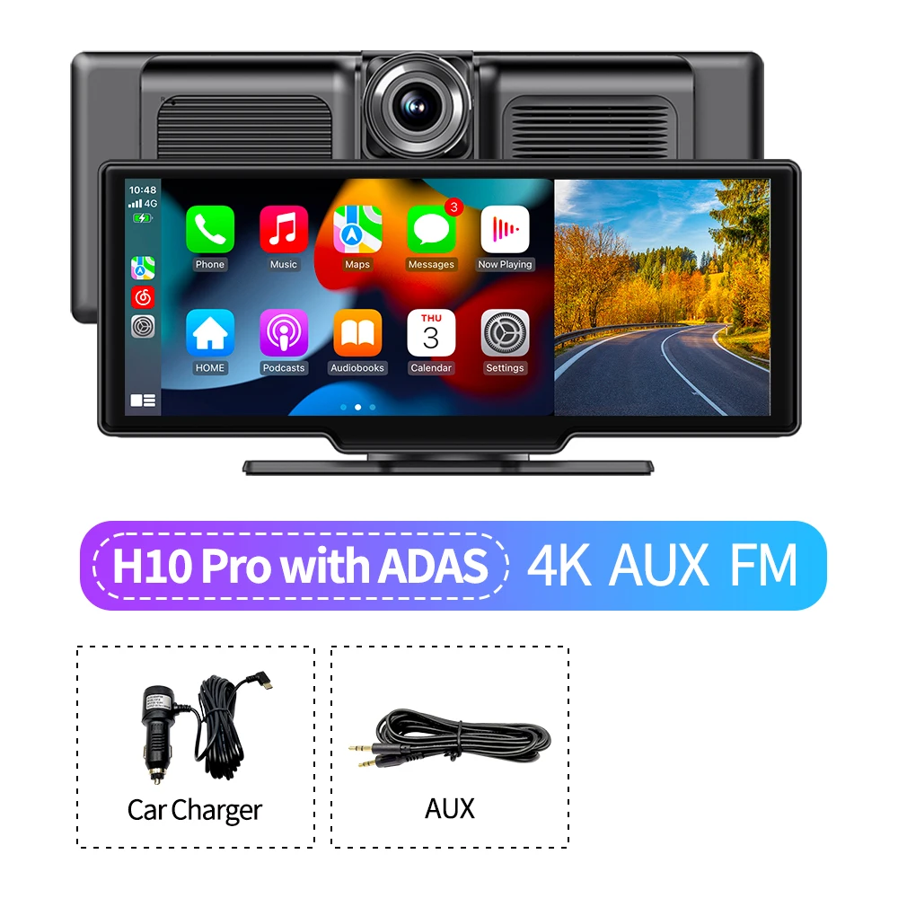 10.26 Inch 4K ADAS Car DVR Wireless And Wired CarPlay &amp; Android Auto Dash Cam Wi - £291.32 GBP