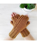 Hand Knit Fingerless Gloves Womens Wool Mittens Handmade Arm Warmers - $25.39