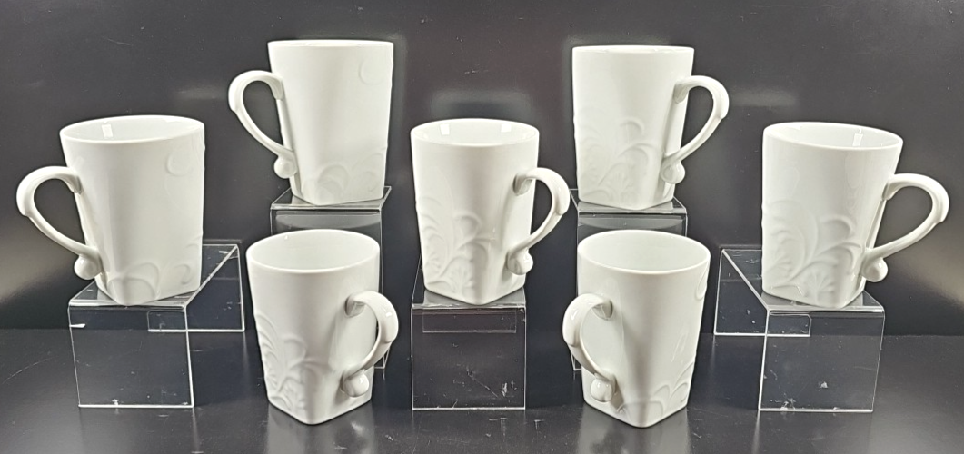 7 Corelle Cherish Mug Set Corning Coordinates White Floral Emboss Coffee... - $138.27