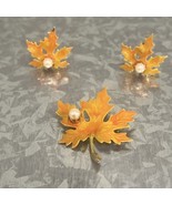 Fall Leaf With Pearl Stone Earrings Screw Backing  And Matching Brooch - €21,43 EUR