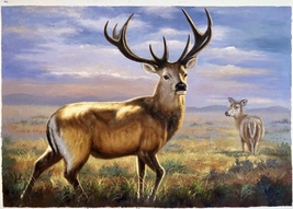 Deer on the Grassland Handmade Oil Painting Unmounted Canvas 24x36 inches - £395.03 GBP