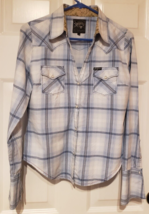 Womens Southern Thread Western Rodeo Pearl Snap LS Shirt Blue Gray Plaid Sz M - £12.98 GBP