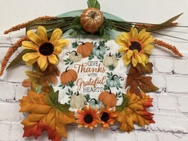 Handmade Give Thanks with grateful Hearts Wooden hanging  Sign floral 11x11 New - £11.75 GBP