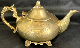 Vintage Brass Teapot Tea Pot Floral Etching on Sides 5-1/2&quot; H x 9&quot; W Excellent - £30.59 GBP