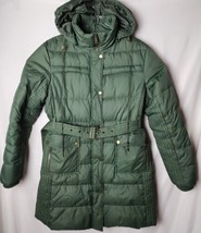 Tommy Hilfiger Women L Down Green Zip Snap Button Long remove Hood Jacket - $112.86