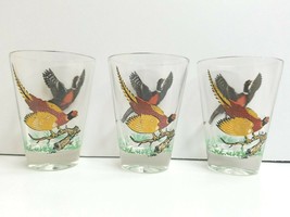 3 Hazel Atlas Gold Red Pheasant MCM 3.5&quot; Bird Hunt VTG Bar Ware Decor Shot Glass - £20.59 GBP