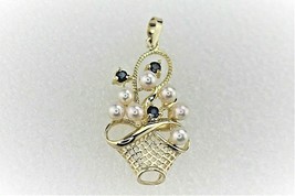 Pearl Sapphire Basket Pendant REAL SOLID 14 ky Yellow Gold 3.2 g - £332.93 GBP