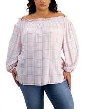 Tommy Hilfiger Women's Pink Plaid Smocked Off Shoulder Blouse Plus Size 1X - $24.00
