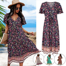 Women Deep V Neck Floral Summer Midi Dress Holiday Boho Beach Sundress S-2XL - £13.49 GBP