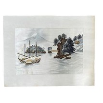 Japanese Silk Embroidery Boat on Lake Mt. Fuji - £129.97 GBP