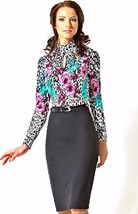 Europ EAN Belted Dress Floral Work Dress Stretch Turtleneck Bodycon Long Sleeves - £109.34 GBP
