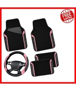 Universal 15-Inch Steering Wheel Cover and Durable Car Mats - Black &amp; Pink - $899.23 MXN