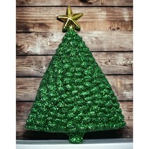 Vintage Christmas Tree Pin Brooch Green Glitter Heavy Signed AJC 80s Retro - $19.87