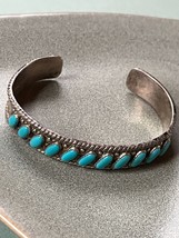 Vintage Sterling Silver &amp; Hallmark Signed Old Pawn w Slanted Needlepoint Turquoi - £97.76 GBP