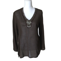 Thrill Vintage Y2K Boho Embellished Tunic Top Size M Lightweight Cotton Brown - £18.55 GBP