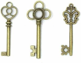 3 Large Skeleton Key Pendants Antiqued Bronze Assorted Steampunk Charms Wedding  - £3.13 GBP