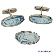 Swank Vintage Cuff Link Set Cameo Inlay Classical Roman God Blue Silvertone - £48.48 GBP