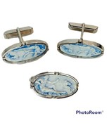 Swank Vintage Cuff Link Set Cameo Inlay Classical Roman God Blue Silvertone - $82.93 CAD