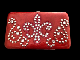 Clutch Wallet Fleur De Lis Studded Metallic Red Faux Leather Snap Close Y2K - £14.61 GBP