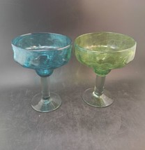 2 Handblown Margarita Art Glass With Colored Stems Green and Blue.  6” tall - £22.15 GBP