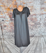 Shadowline Plus Size 1X Vtg Black Nightgown Silky Nylon Gown Floral Yoke Satin - $29.65