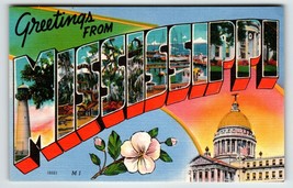 Greetings From Mississippi Large Big Letter Linen Postcard Unused Colour... - $11.16