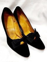 Vintage BLACK SUEDE BOW Heel Pumps Ribbon Rockabilly ClosedToe Women 6.5... - $30.00