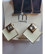 Earrings Cream Beige Square Stud Faux Jewel Gold Tone 80s 90s Style - $12.37