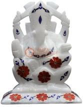 6&quot; Marble Decorative God Ganesha Figurine Carnelian Floral Design Columbus Gift  - £202.28 GBP