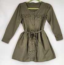 Womens Shirt Dress XXS Green Belted Casual Preppy Button Up Long Sleeve Mini - £19.04 GBP