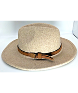 Fedora Hat Unisex Beige W/Brown Faux Leather Belt Buckle Panama Hat Wide... - $29.74 CAD