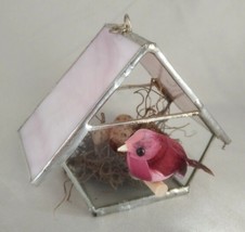 Handmade Pink Stained Glass Hanging Mini Birdhouse w/ Realistic Bird, Eggs, Nest - £19.20 GBP