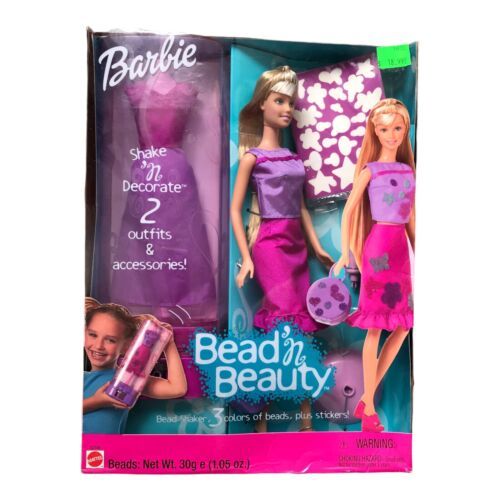 2001 Mattel Barbie Bead 'n Beauty Doll 52745 Shake 'n Decorate 2 Outfits Blonde - £18.22 GBP