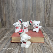 4 Vintage Christmas Santa Bears, White with Red &amp; Green Stocking Caps - £21.65 GBP