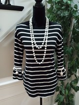 Cherish Women&#39;s Black White Striped Pom Ball Round Neck Long Sleeve Top ... - $26.73