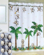 MONKEY TROPICAL JUNGLE FLORAL WHITE SHOWER CURTAIN AND MONKEY HOOKS BATH... - £38.37 GBP