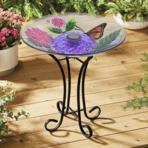 Solar Glass Bird Bath W/Metal Stand-Butterfly Summer Garden Decor Water ... - £63.94 GBP