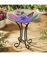 Solar Glass Bird Bath W/Metal Stand-Butterfly Summer Garden Decor Water ... - £63.20 GBP