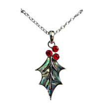 Holly Abalone Pendant Necklace Red CZ Berries 20&quot; Chain Paua Shell Jewellery - £14.10 GBP