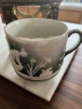 Antique Mug Cup Green & White Lusterware Porcelain Raised Woman & Iris & Swans - $24.49